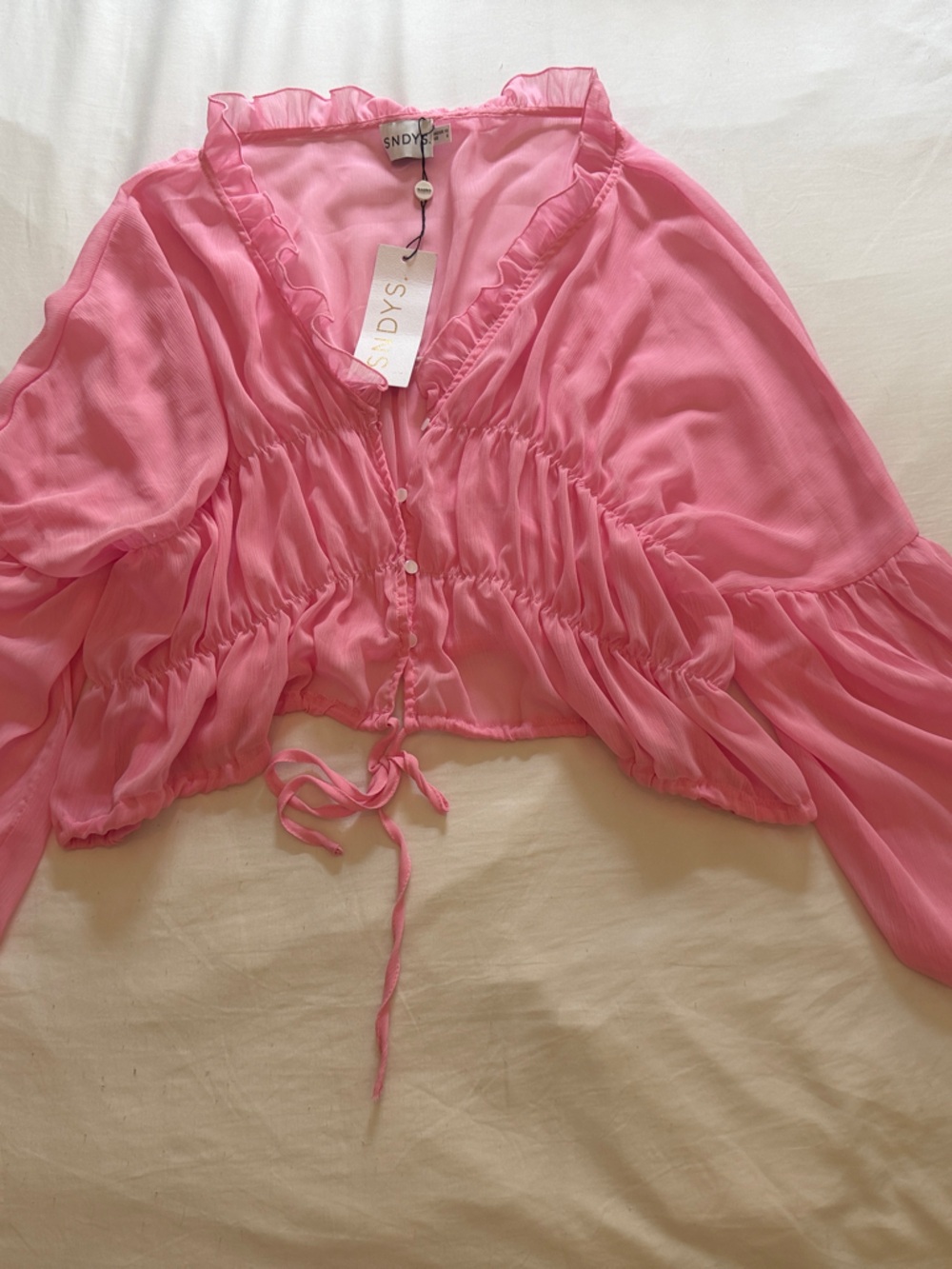 SNDYS Pink Sheer Ruched Tie-Front Blouse